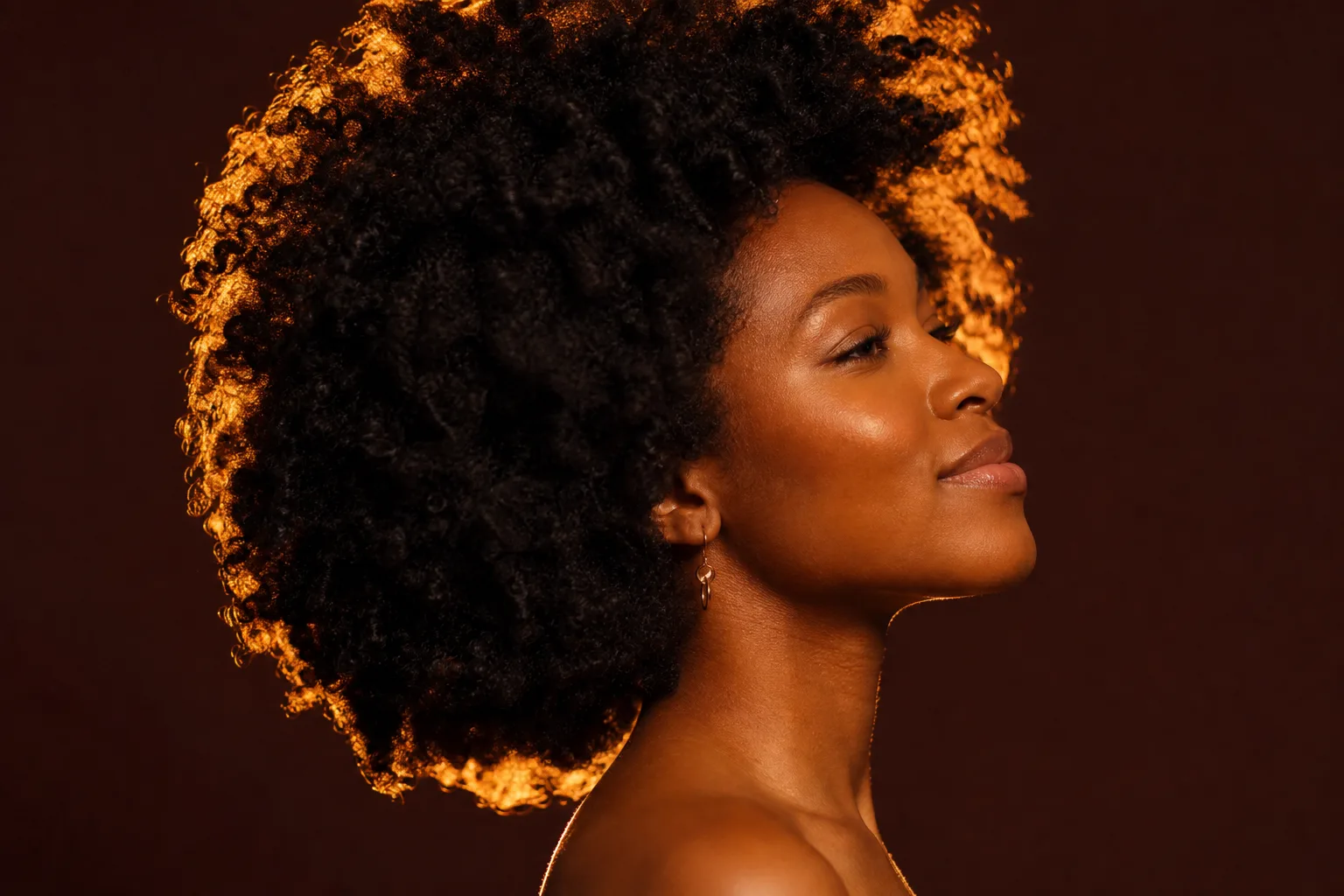 Profile of a defined natural coily afro lit from behind in warm amber light