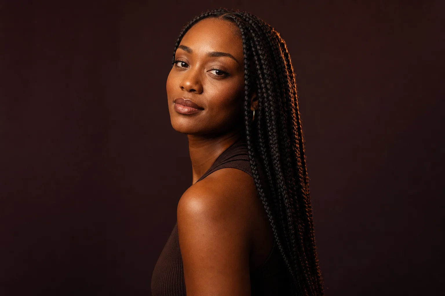Long knotless box braids falling over one shoulder, photographed in warm studio light